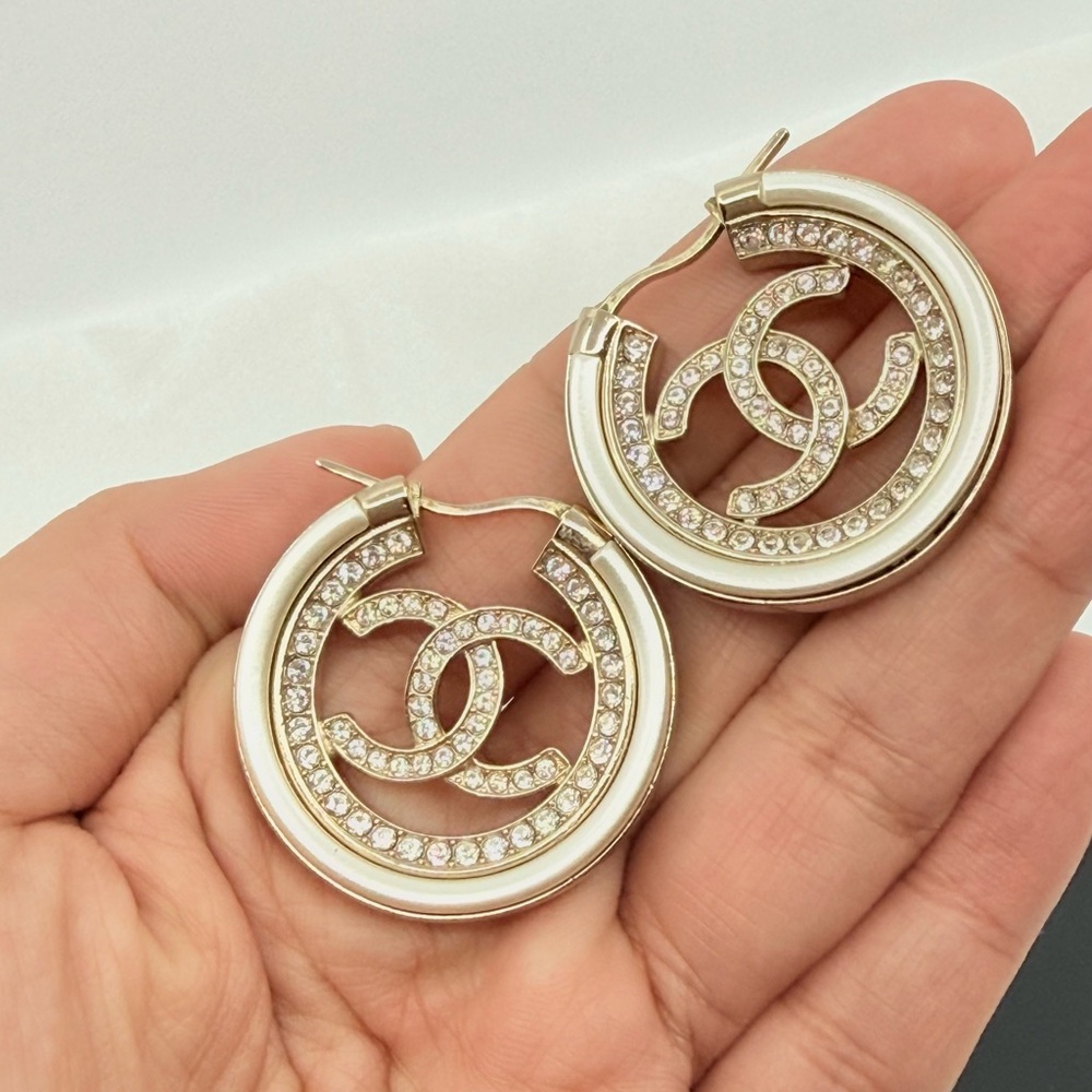 CHANEL CC Gold Round Crystal CC Hoop Earrings